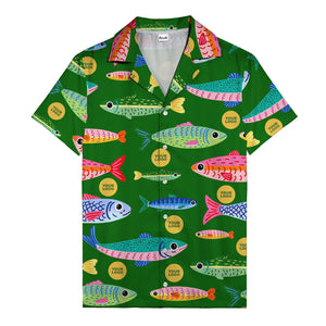 colorful cartoon fish & gold circle logo hawaiian shirt for men