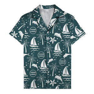 sailboats dolphins palm trees starfish repeat pattern black white hawaiian shirt