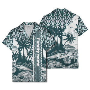 cruise ship & palm trees fish waves aloha hawaiian shirt