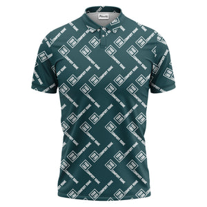 custom logo & company name repeat pattern black polo shirt for men