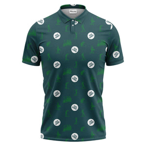 illustrated golfers golf carts repeating on green polo shirt for weekend fairway fun