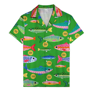 colorful cartoon fish & gold circle logo hawaiian shirt for men