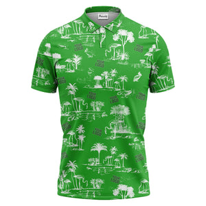 flamingo oasis palm trees sketch pattern black white polo shirt for men