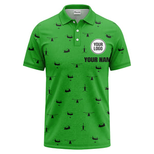 helicopter silhouette repeat pattern custom logo men's aviation polo shirt