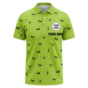 helicopter silhouette repeat pattern custom logo men's aviation polo shirt