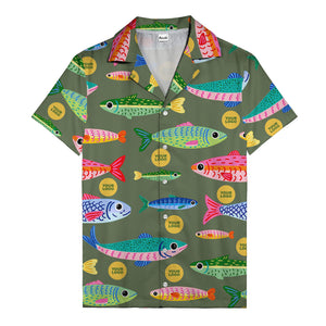 colorful cartoon fish & gold circle logo hawaiian shirt for men