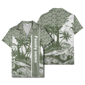 cruise ship & palm trees fish waves aloha hawaiian shirt