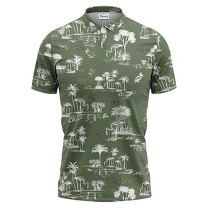 flamingo oasis palm trees sketch pattern black white polo shirt for men