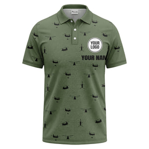 helicopter silhouette repeat pattern custom logo men's aviation polo shirt