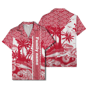 cruise ship & palm trees fish waves aloha hawaiian shirt