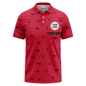 helicopter silhouette repeat pattern custom logo men's aviation polo shirt