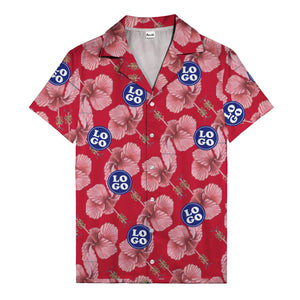 watercolor pink hibiscus & blue logo repeat aloha hawaiian shirt