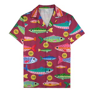 colorful cartoon fish & gold circle logo hawaiian shirt for men