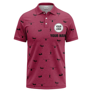 helicopter silhouette repeat pattern custom logo men's aviation polo shirt