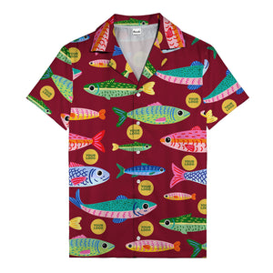 colorful cartoon fish & gold circle logo hawaiian shirt for men