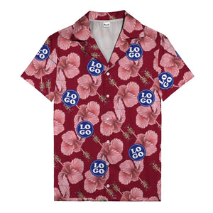 watercolor pink hibiscus & blue logo repeat aloha hawaiian shirt