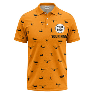 helicopter silhouette repeat pattern custom logo men's aviation polo shirt