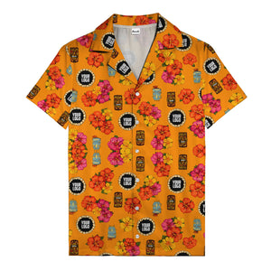 hibiscus & tiki masks all-over print hawaiian shirt for beach getaway
