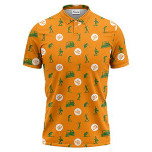 illustrated golfers golf carts repeating on green polo shirt for weekend fairway fun