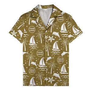 sailboats dolphins palm trees starfish repeat pattern black white hawaiian shirt