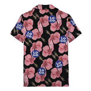 watercolor pink hibiscus & blue logo repeat aloha hawaiian shirt