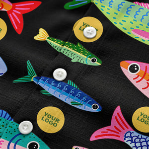 colorful cartoon fish & gold circle logo hawaiian shirt for men