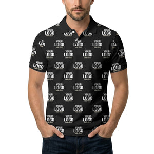 custom logo & text repeat pattern black white gold polo shirt