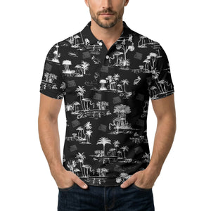 flamingo oasis palm trees sketch pattern black white polo shirt for men