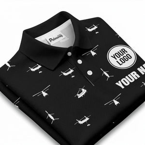 helicopter silhouette repeat pattern custom logo men's aviation polo shirt