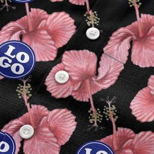 watercolor pink hibiscus & blue logo repeat aloha hawaiian shirt