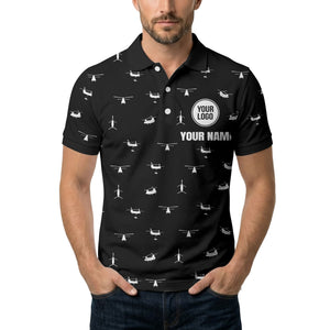 helicopter silhouette repeat pattern custom logo men's aviation polo shirt