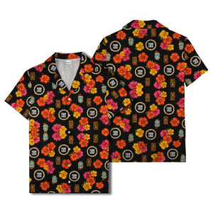 hibiscus & tiki masks all-over print hawaiian shirt for beach getaway