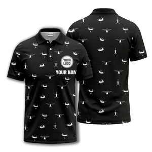 helicopter silhouette repeat pattern custom logo men's aviation polo shirt