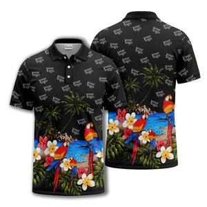 parrot palm plumeria beach watercolor polo shirt