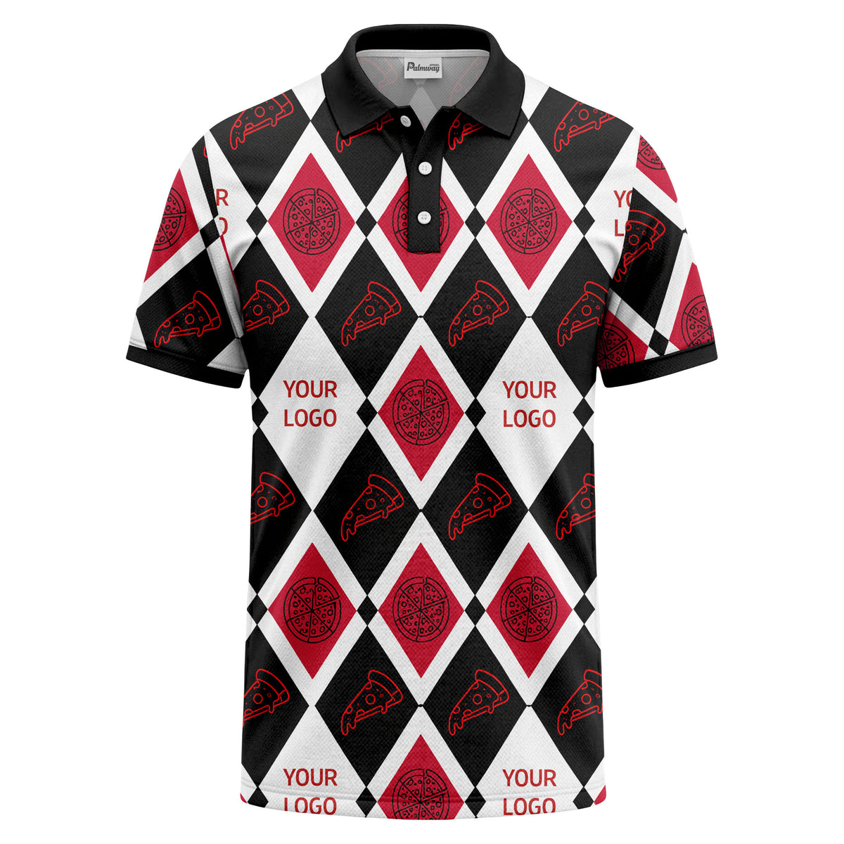 Custom Pizza Icons & Diamond Argyle Pattern All-Over Print Short Sleeve Polo Shirt - Personalized Logo Restaurant & Cafe Uniform Polo