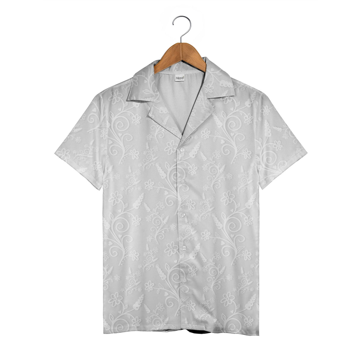 Elegant Gray Hawaiian Shirt with Embossed Floral and Heart Vine Pattern
