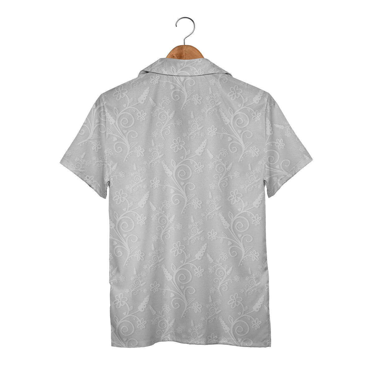 Elegant Gray Hawaiian Shirt with Embossed Floral and Heart Vine Pattern