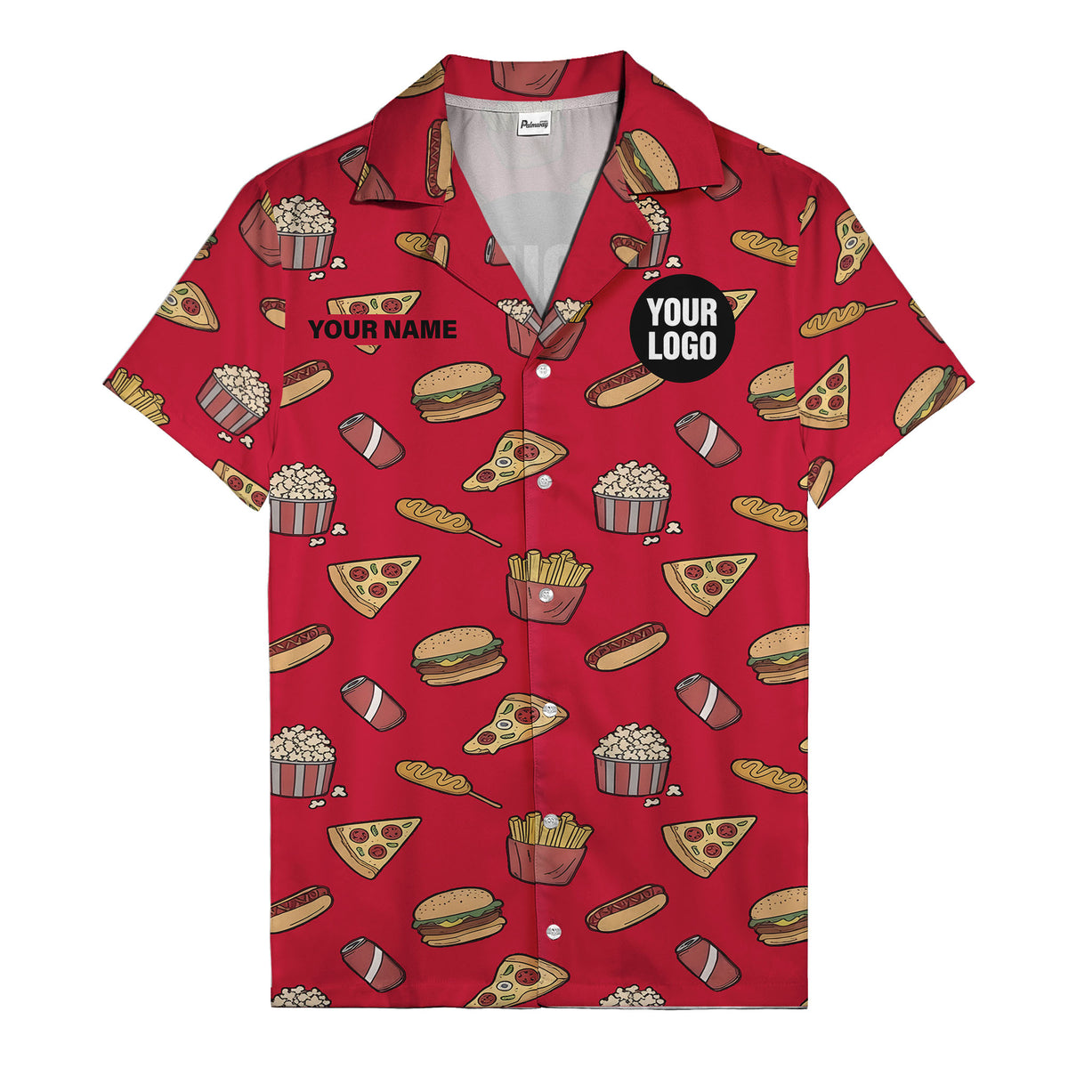 Custom Fast Food Pattern All-Over Print Short Sleeve Hawaiian Shirt - Personalized Name & Logo Restaurant & Cafe Uniform Button Down Shirt