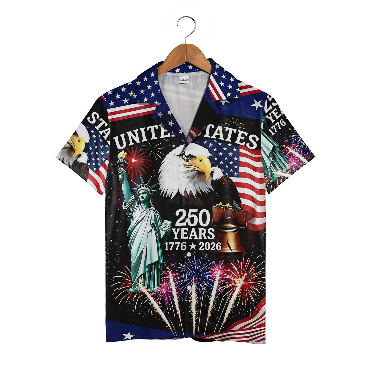 American Icons Hawaiian Shirt - Eagle Liberty Bell Statue of Liberty & Fireworks Print