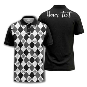 black white argyle diamond repeat pattern polo shirt with custom logo