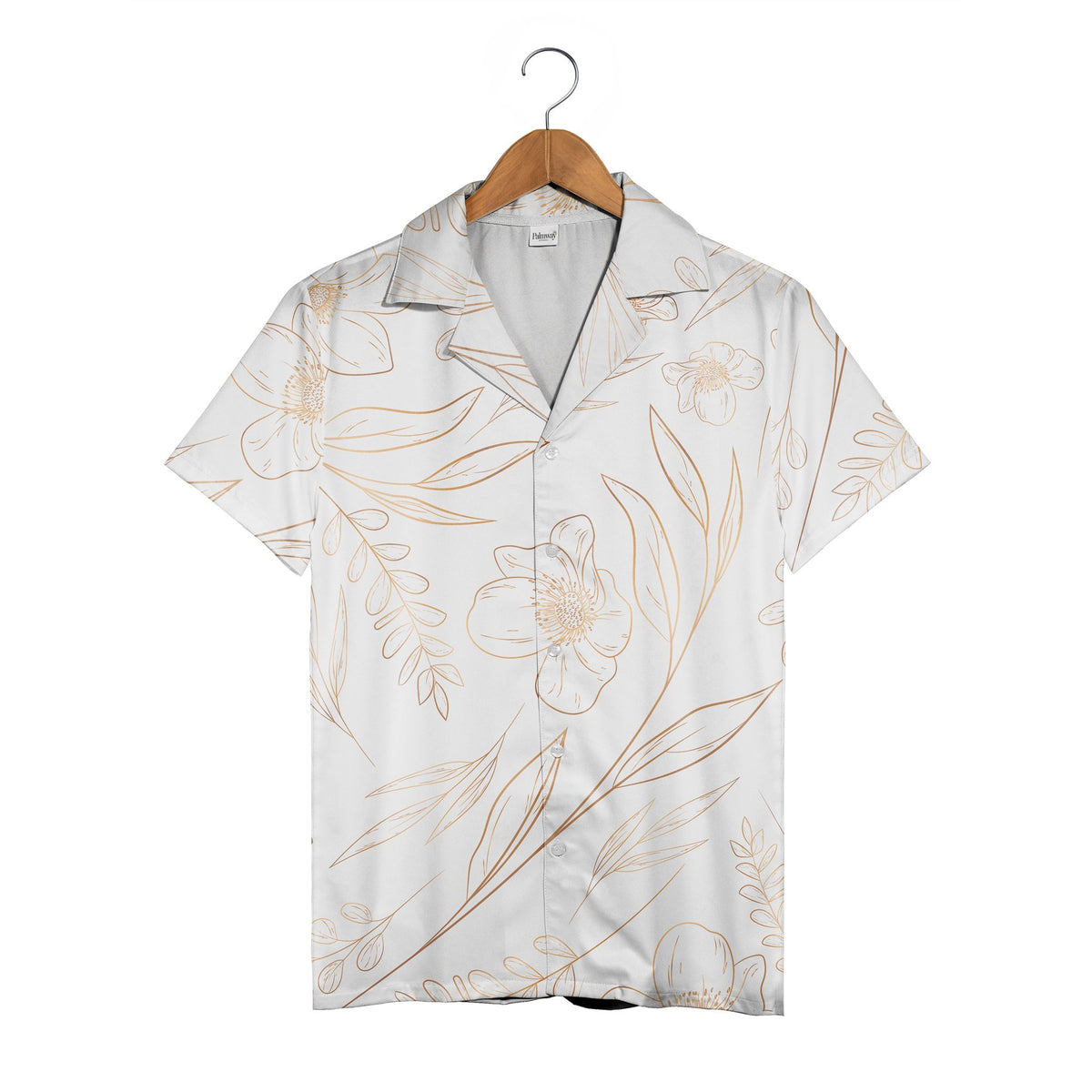 Botanical Line Art Hawaiian Shirt with Golden Bronze Flowers and Leaves