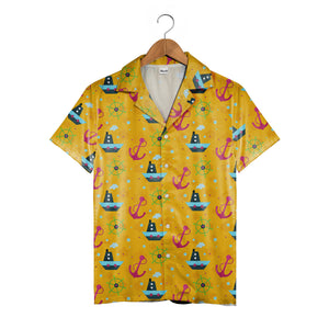 Cartoon Nautical Boat & Ship Wheel Hawaiian Shirt – Anchor & Bubble Design