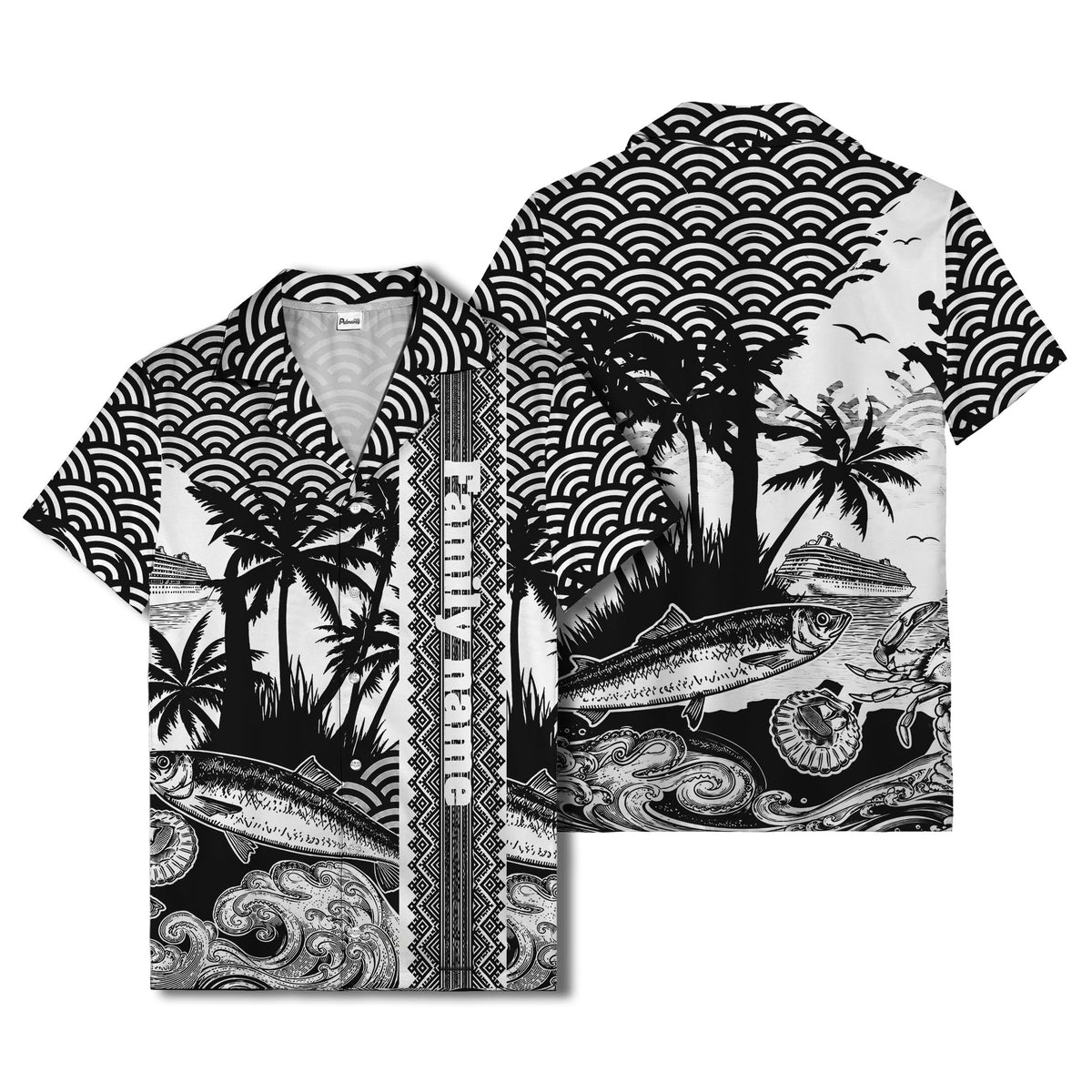cruise ship & palm trees fish waves aloha hawaiian shirt