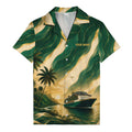 cruise ship sailing into golden sunset palm trees hawaiian shirt