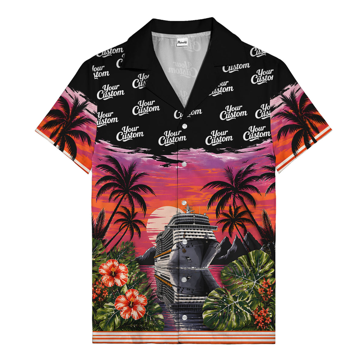 cruise ship sunset palm trees hibiscus flowers hawaiian shirt for men