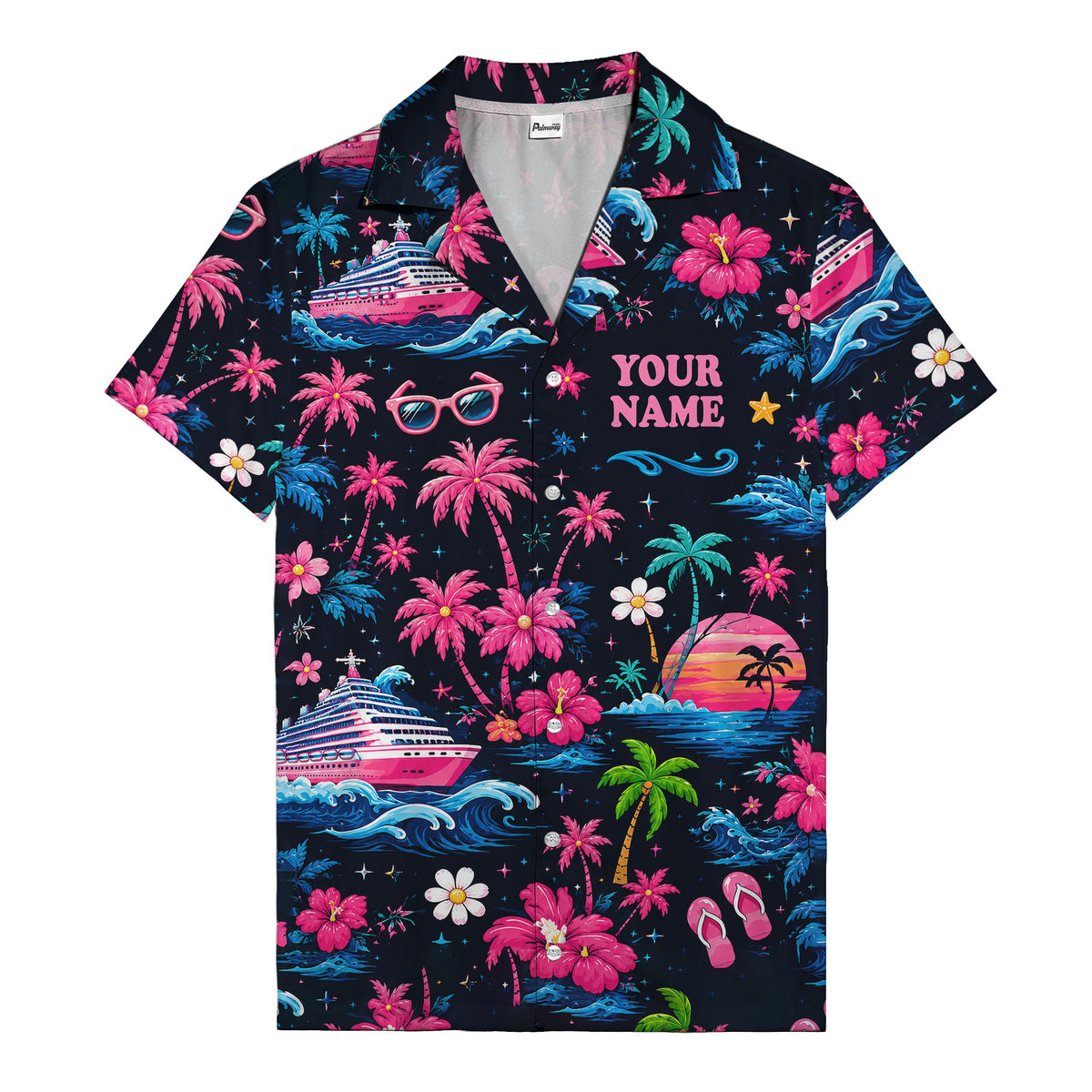 cruise ship sunset palm trees & hibiscus hawaiian shirt