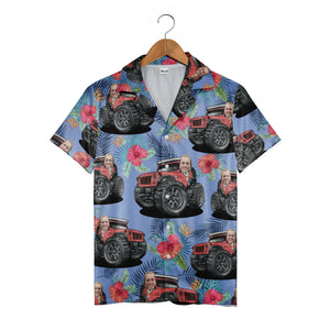 Custom Face Jeep Hibiscus & Palm Leaf Tropical Hawaiian Aloha Button Down Shirt Hawaiian Shirt