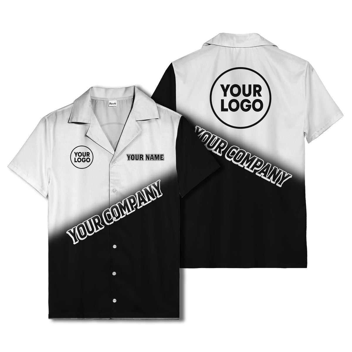 custom logo gradient black white corporate hawaiian shirt