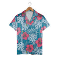 Dark Teal Hawaiian Shirt with Vibrant Coral Hibiscus and Yellow Accents
