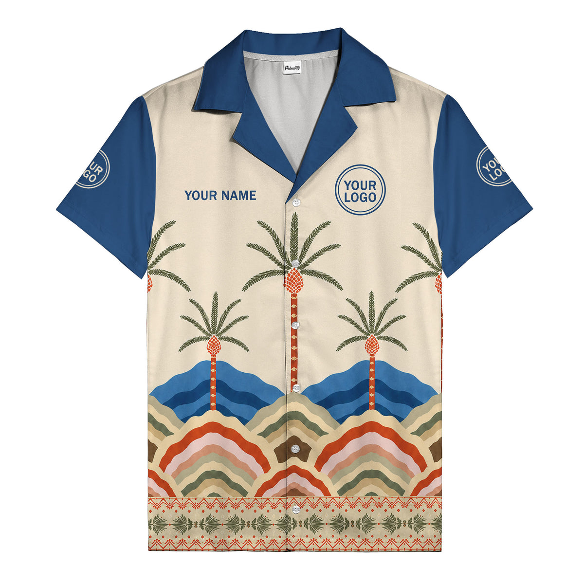 desert oasis palm trees sunset hills illustrated hawaiian shirt